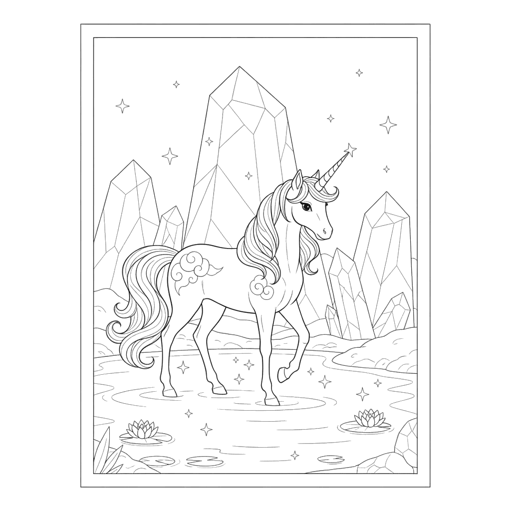 Unicorn by a Crystal Lake Coloring Page