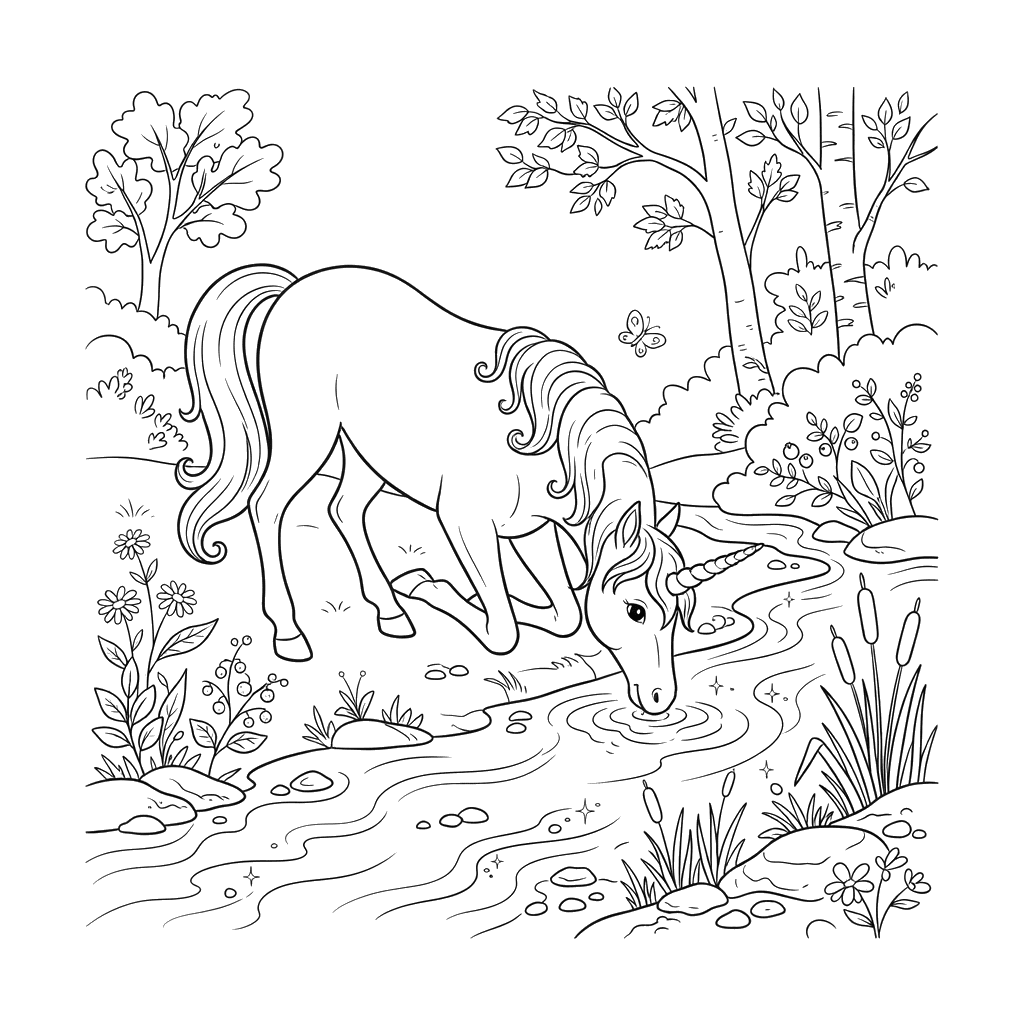 Unicorn Drinking from a Crystal Stream Coloring Page