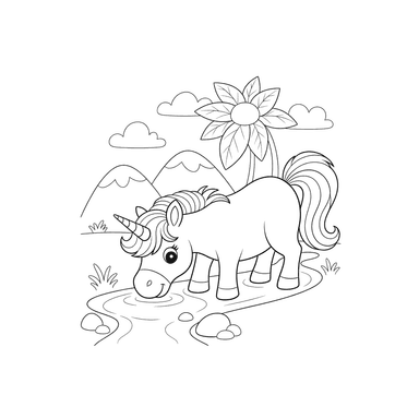 Unicorn Drinking from a Stream Coloring Page