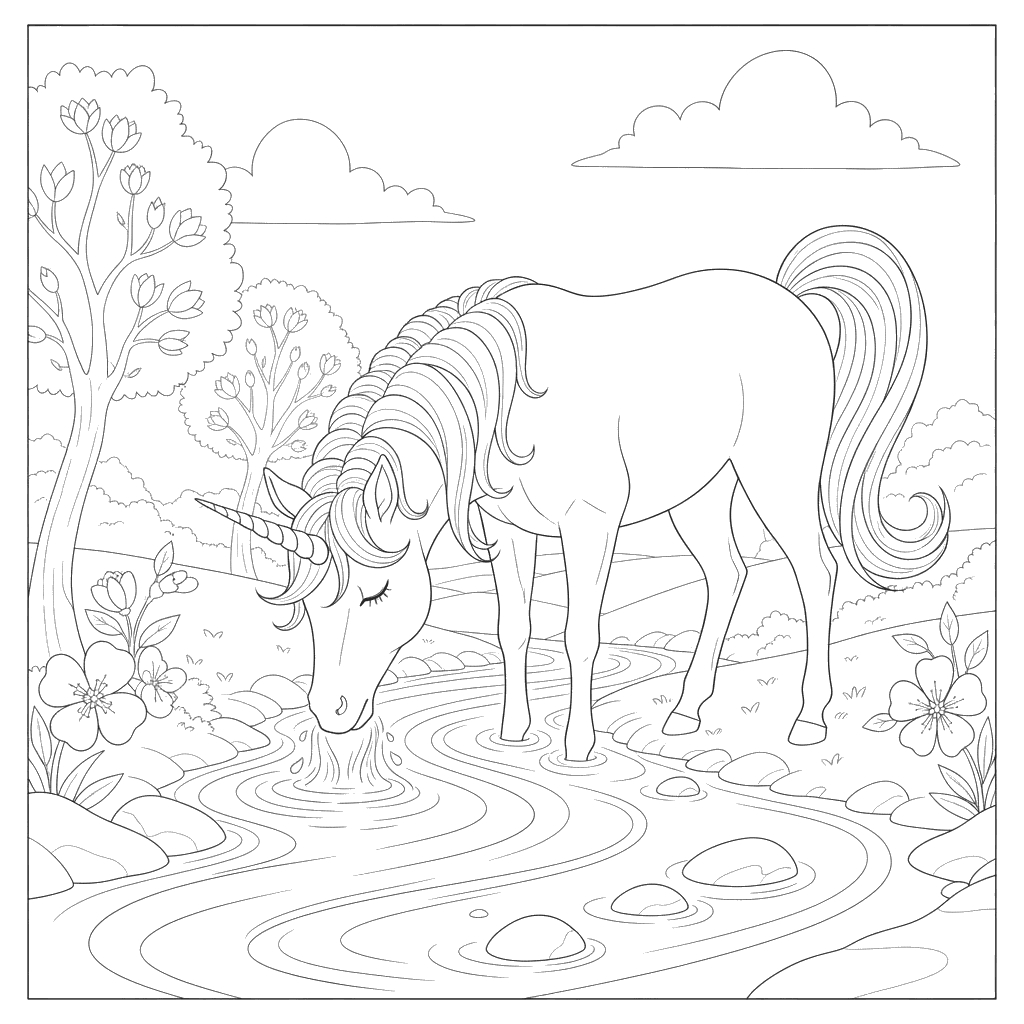 Unicorn Drinking from a Stream Coloring Page to Print or Color Online