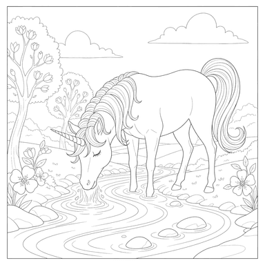 Unicorn Drinking from a Stream Coloring Page to Print or Color Online