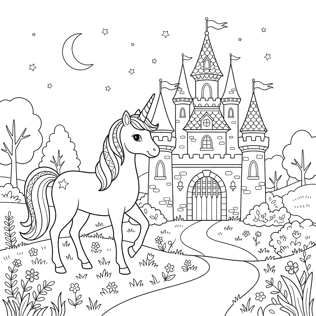 Unicorn by Enchanted Castle Coloring Page