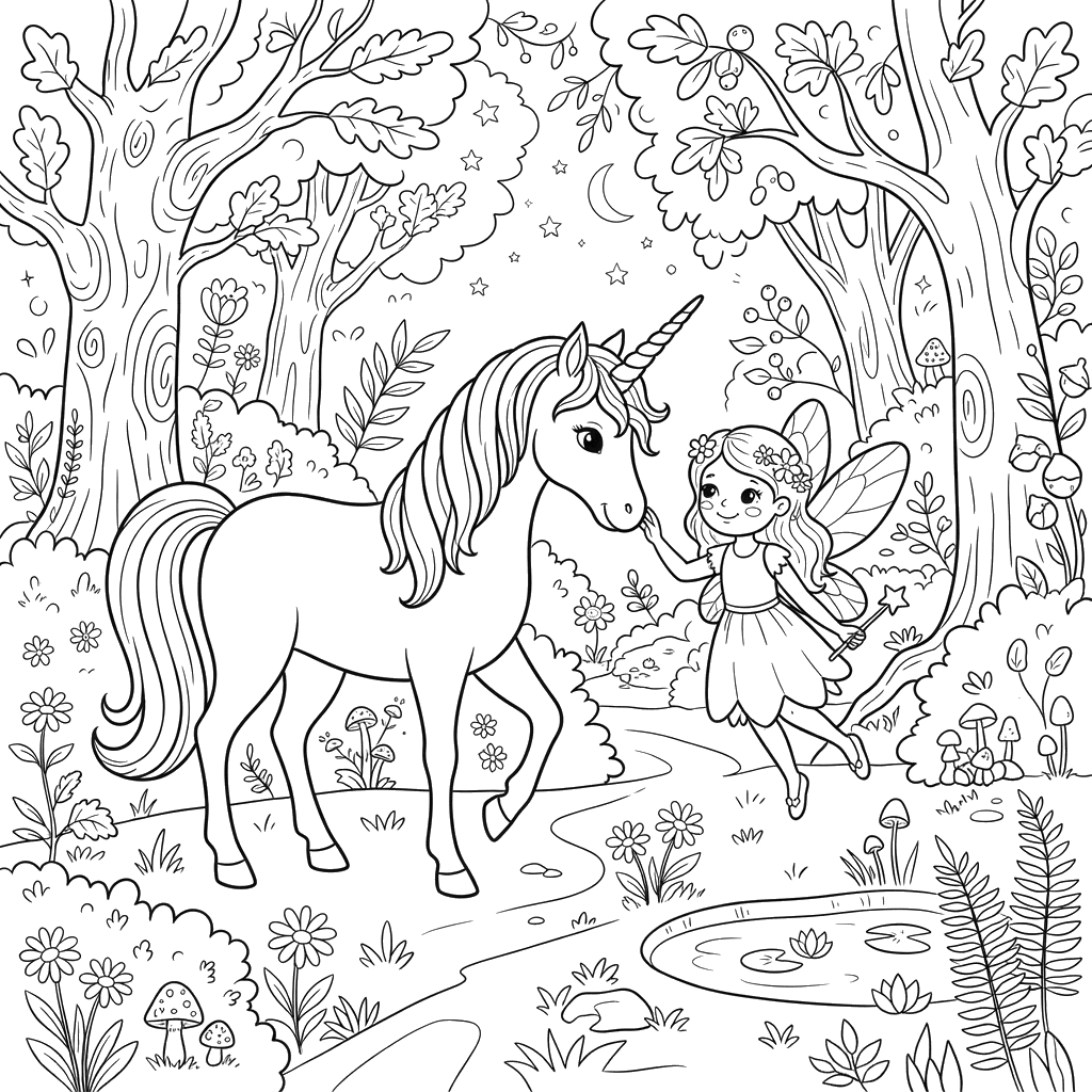 Unicorn and Fairy Forest Adventure Coloring Page