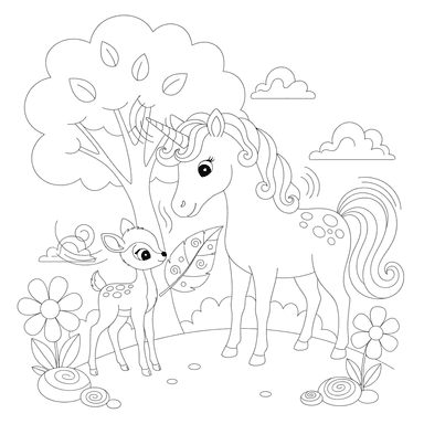 Unicorn and Fawn Discovering Nature's Magic Coloring Page