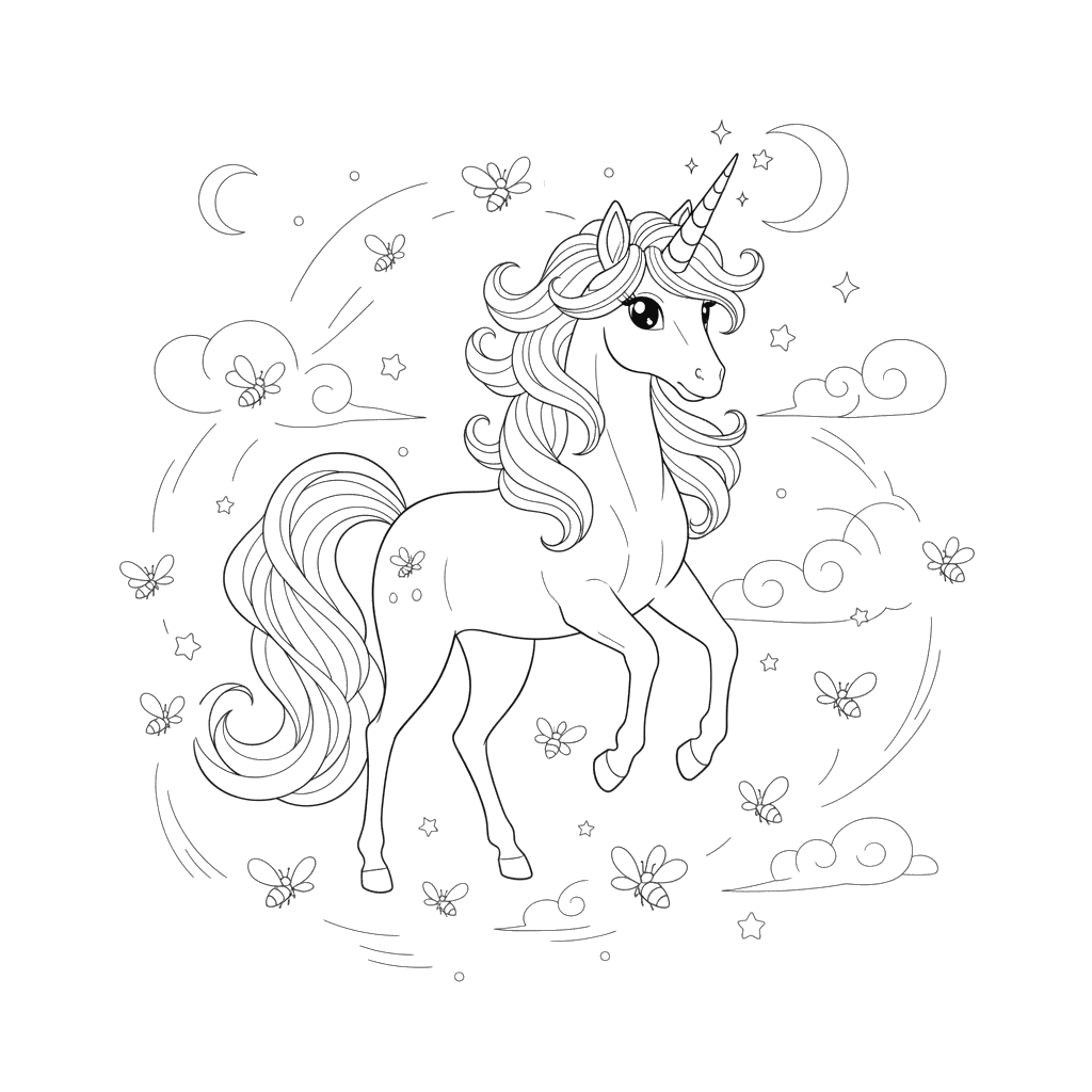 Unicorn and Fireflies at Night Coloring Page