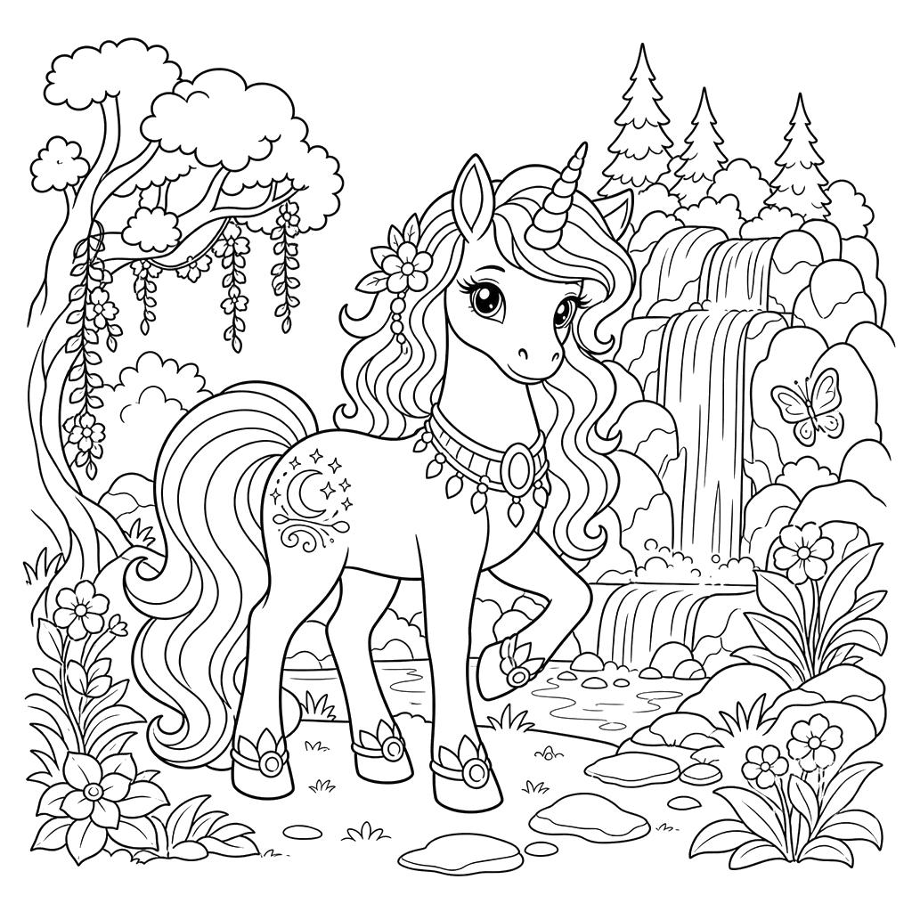 Unicorn by a Forest Waterfall
