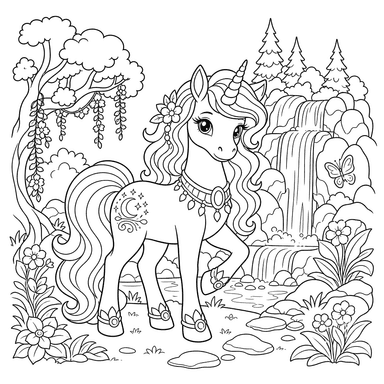 Unicorn by a Forest Waterfall
