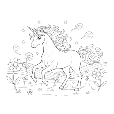 Unicorn Galloping in a Meadow Coloring Page