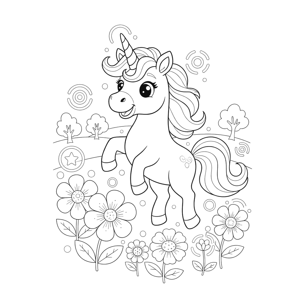 Unicorn Among Glowing Flowers Coloring Page