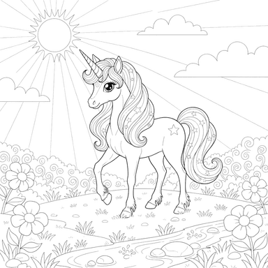 Unicorn in a Sunny Meadow Coloring Page