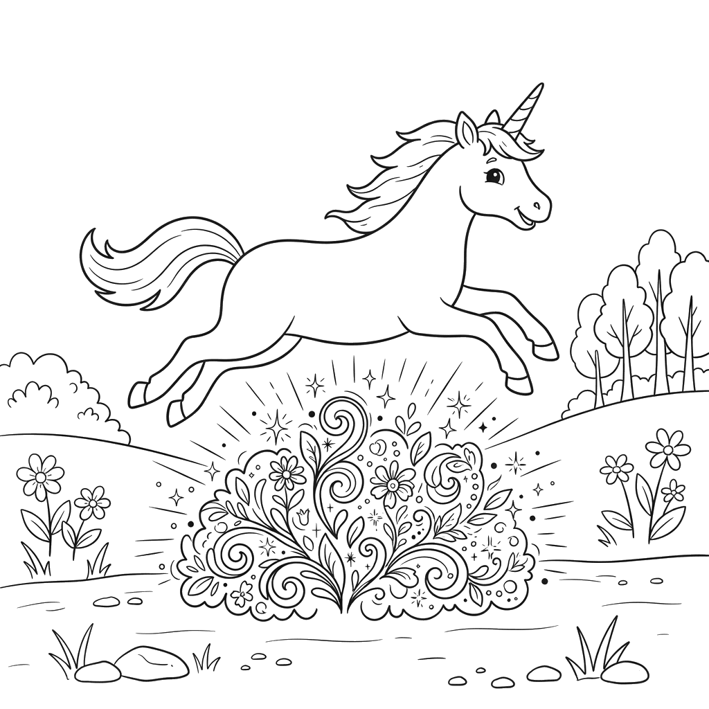 Unicorn Jumping Over a Glowing Bush Coloring Page