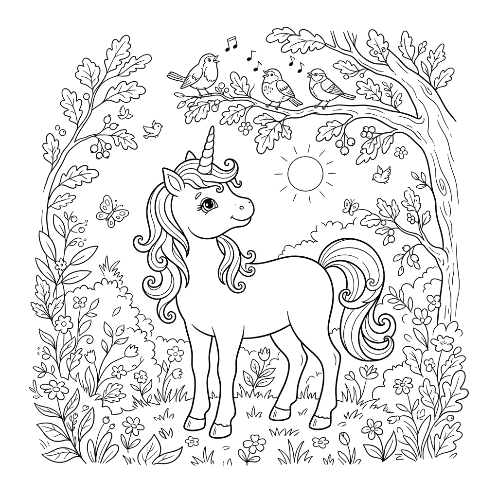 Unicorn Listening to Birds Coloring Page