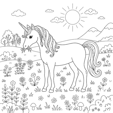 Unicorn in a Magical Meadow Coloring Page