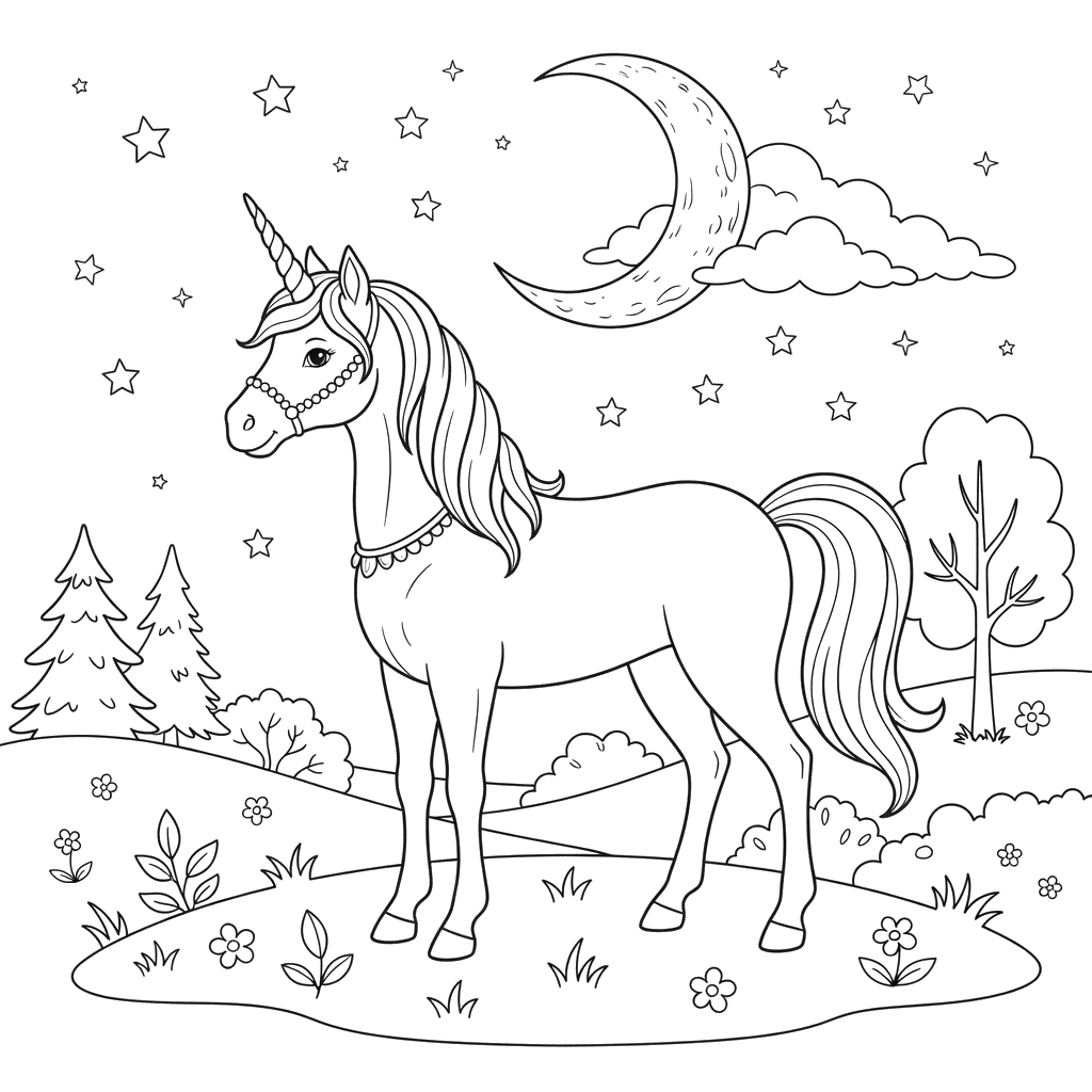 Unicorn in Moonlight Coloring Page
