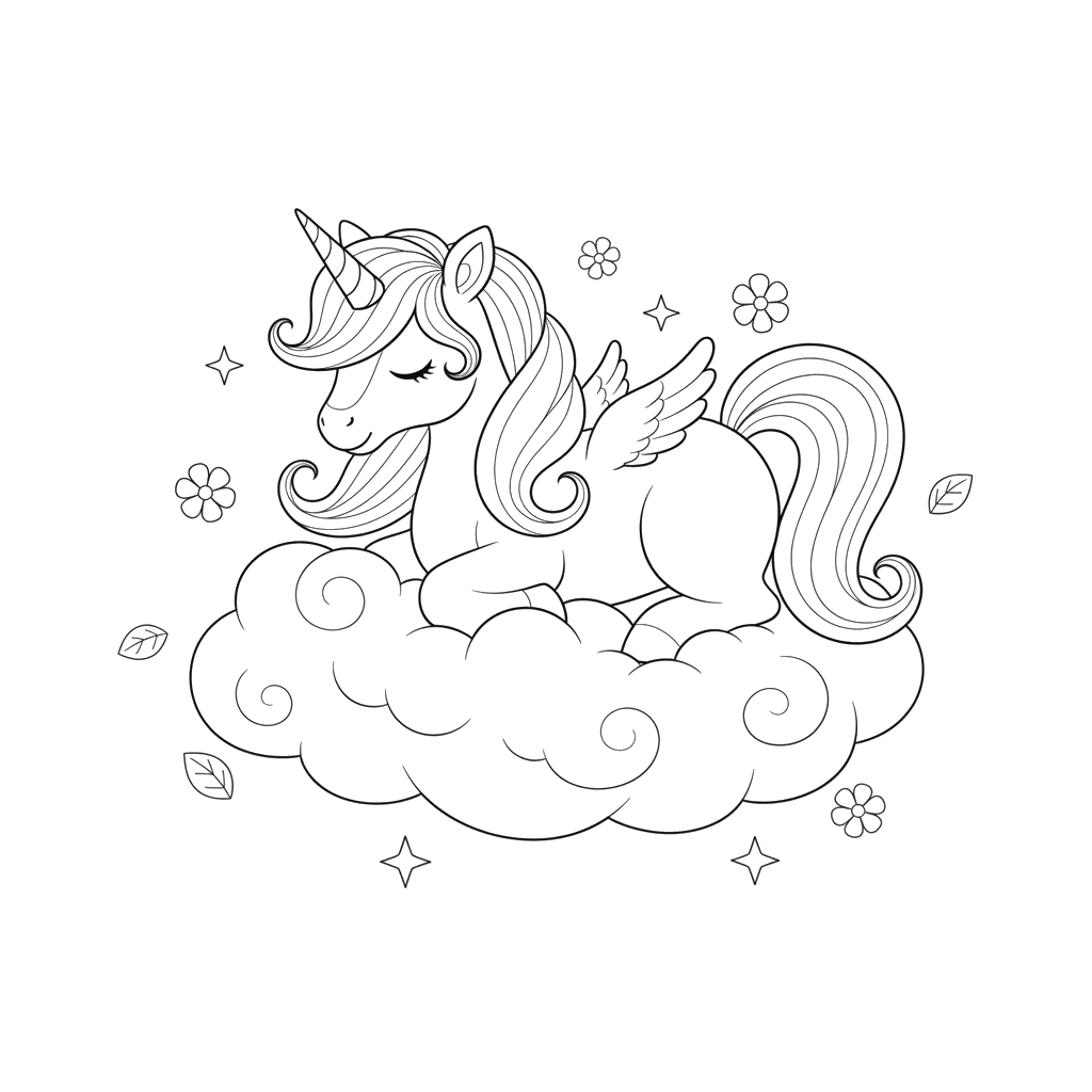 Unicorn on a Cloud Coloring Page