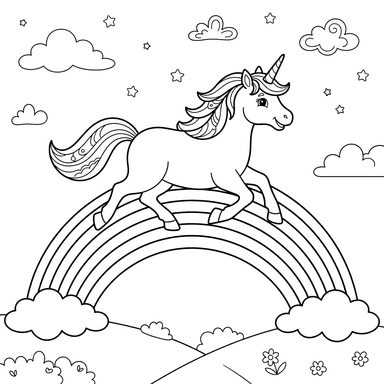 Unicorn on a Rainbow Bridge Coloring Page