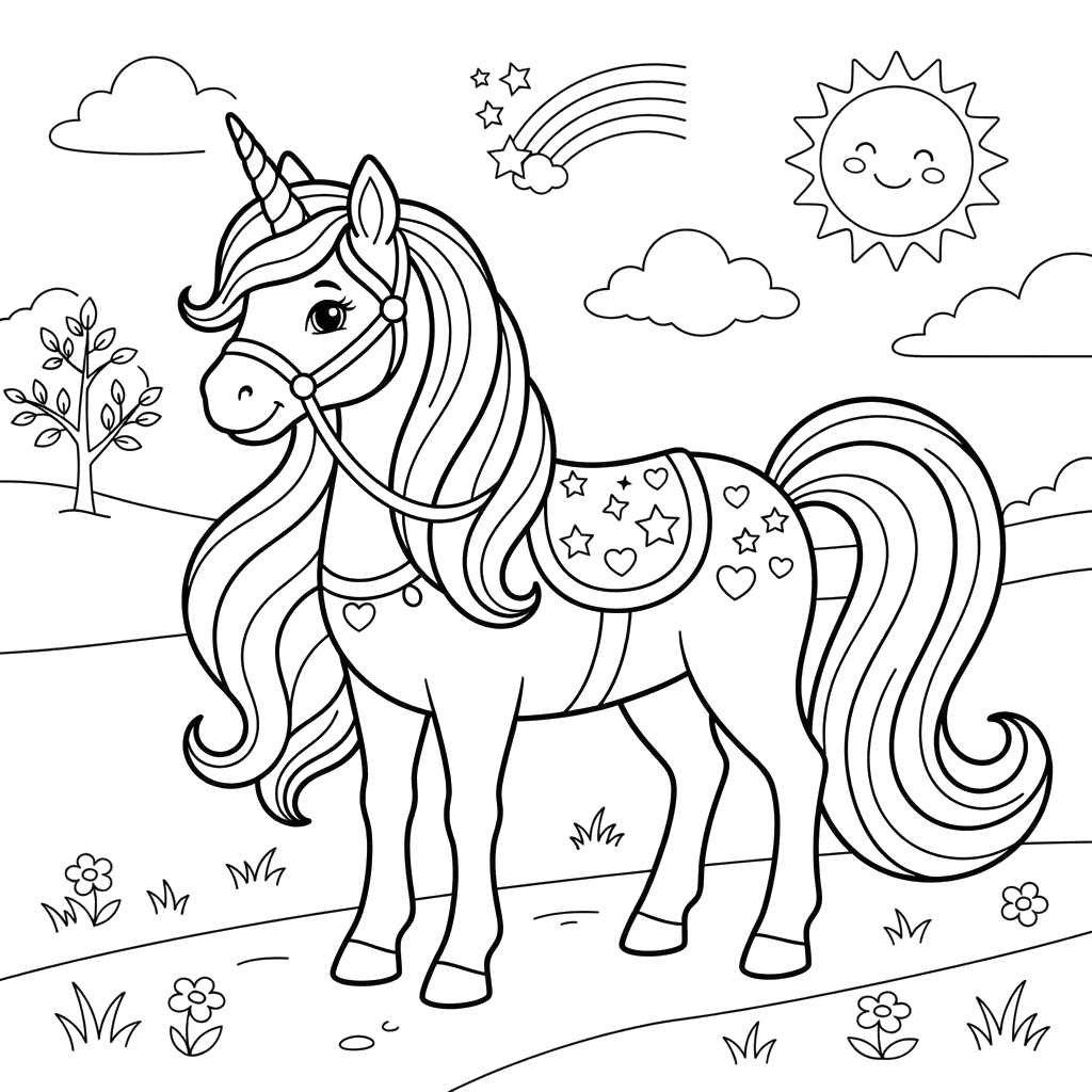 Unicorn with Rainbow Mane Coloring Page