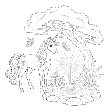 Unicorn at a Shimmering Spring Coloring Page