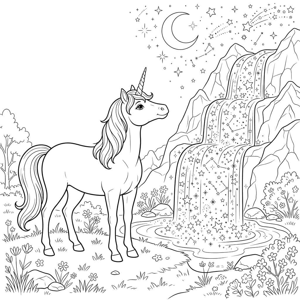 Unicorn and Star Waterfall Coloring Page