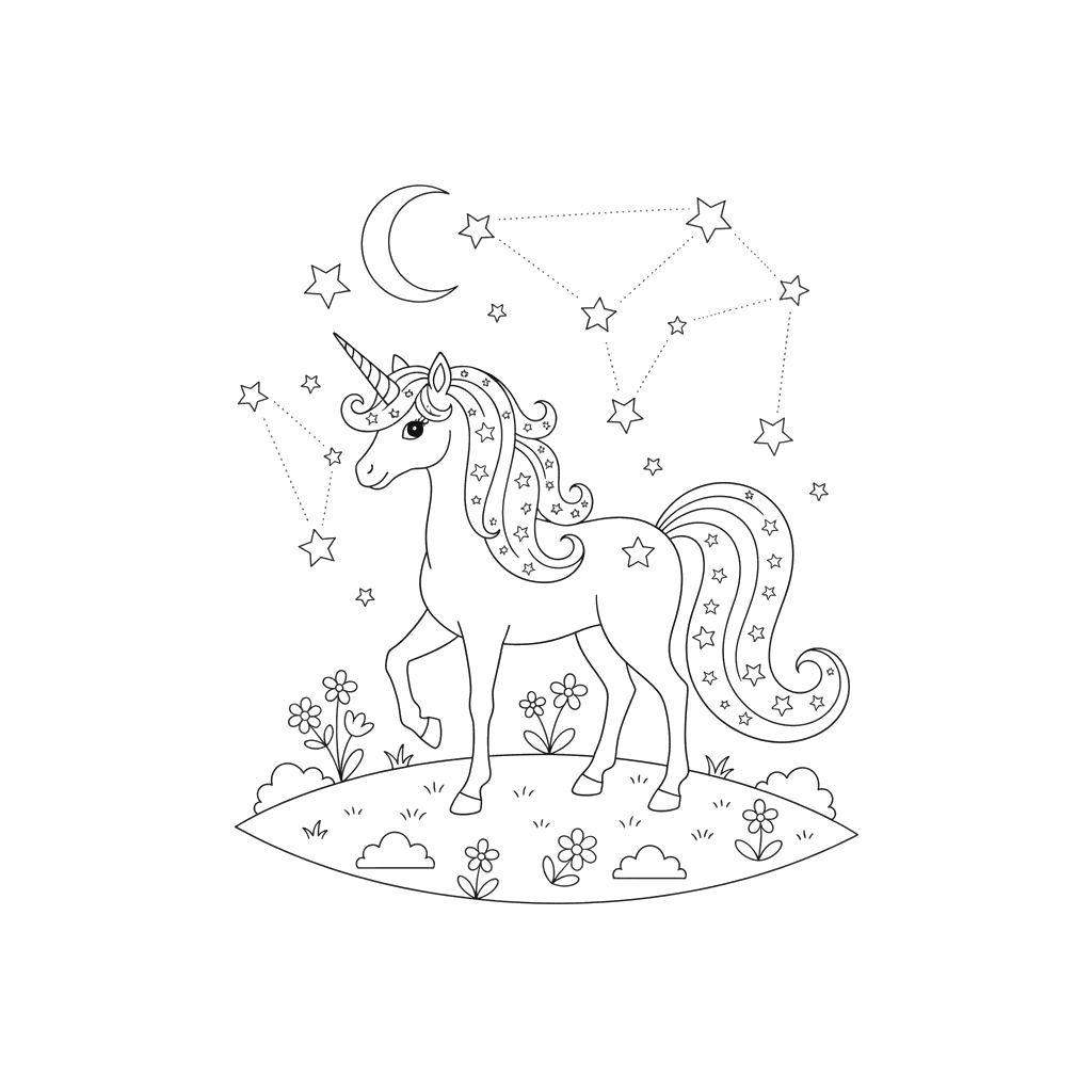 Unicorn Under Starry Sky Coloring Page