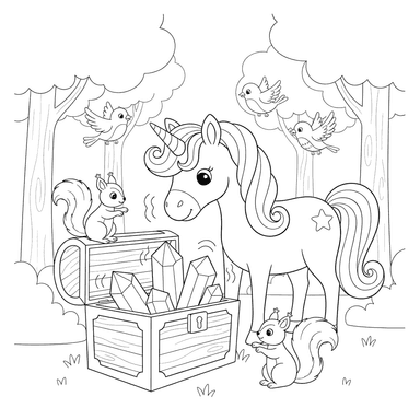 Unicorn's Magical Treasure Chest Coloring Page