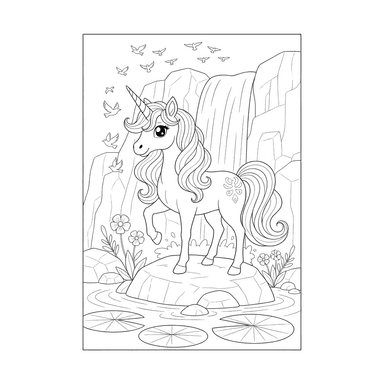 Unicorn at a Waterfall Coloring Page