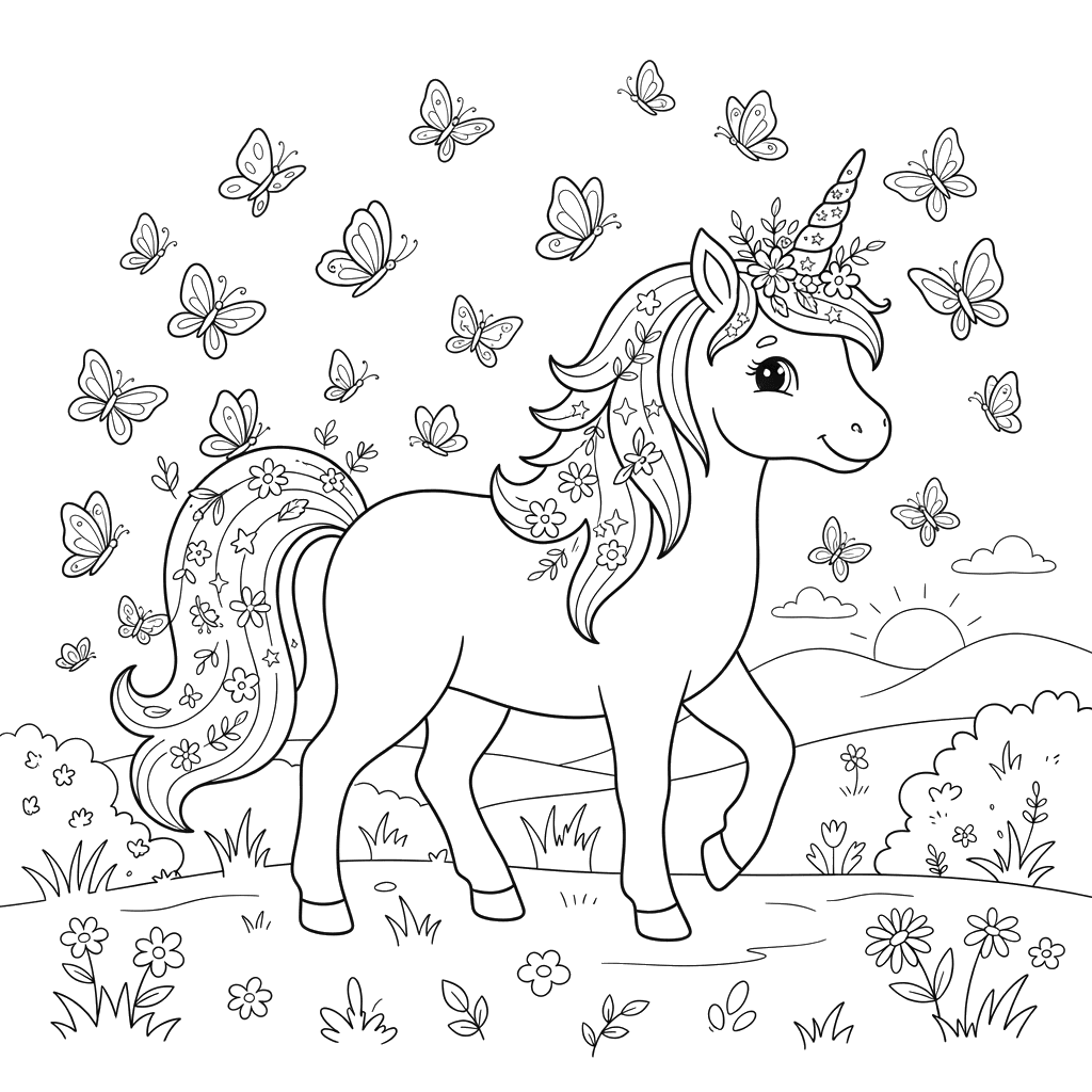 Unicorn Coloring Page with Butterflies