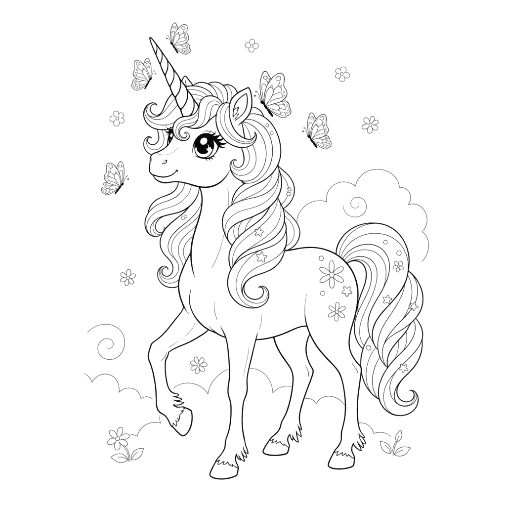 Unicorn with Butterflies Coloring Page