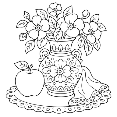 Vase and apple still life coloring page