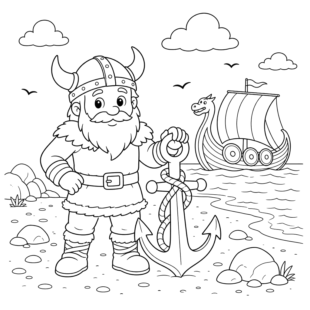 Viking on the Shore with an Anchor — Coloring Page