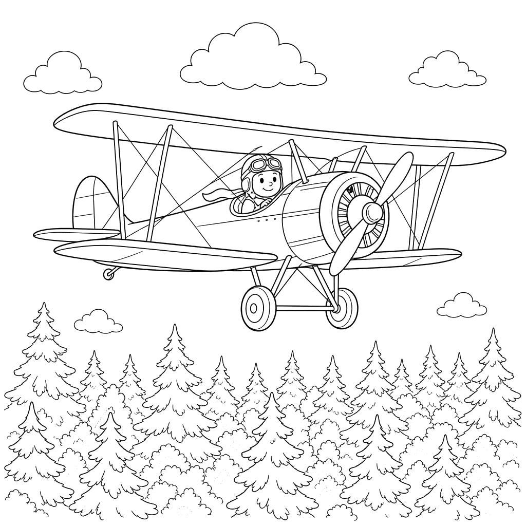 Vintage Biplane Flying Over Forest