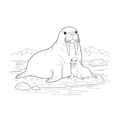 Walrus Mom and Pup Coloring Page