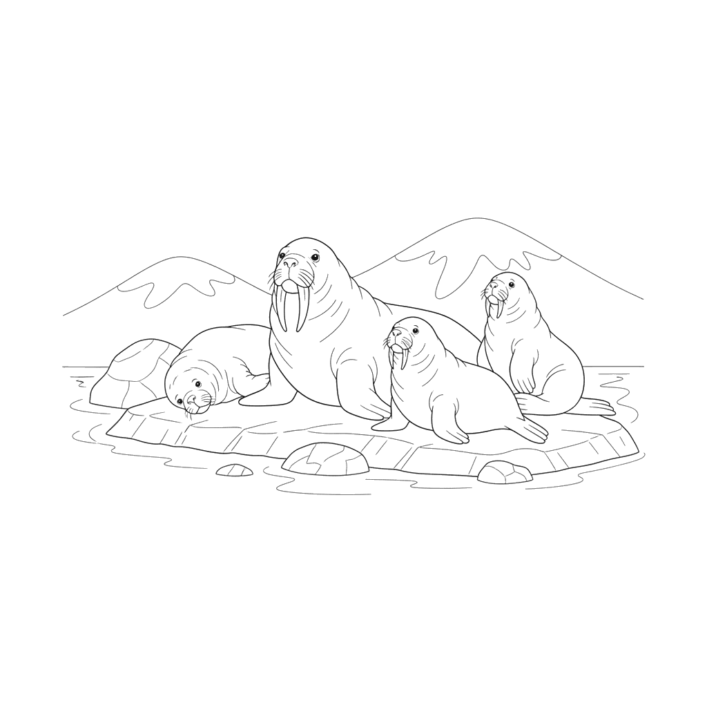 Walruses Resting on the Shore Coloring Page
