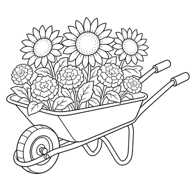 Wheelbarrow of Sunflowers and Marigolds