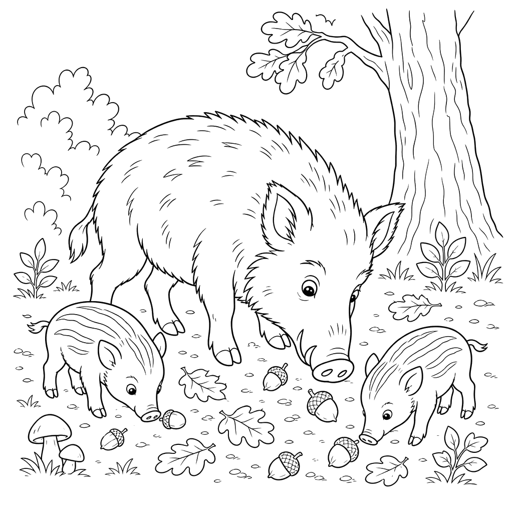 Wild Boar with Piglets Coloring Page
