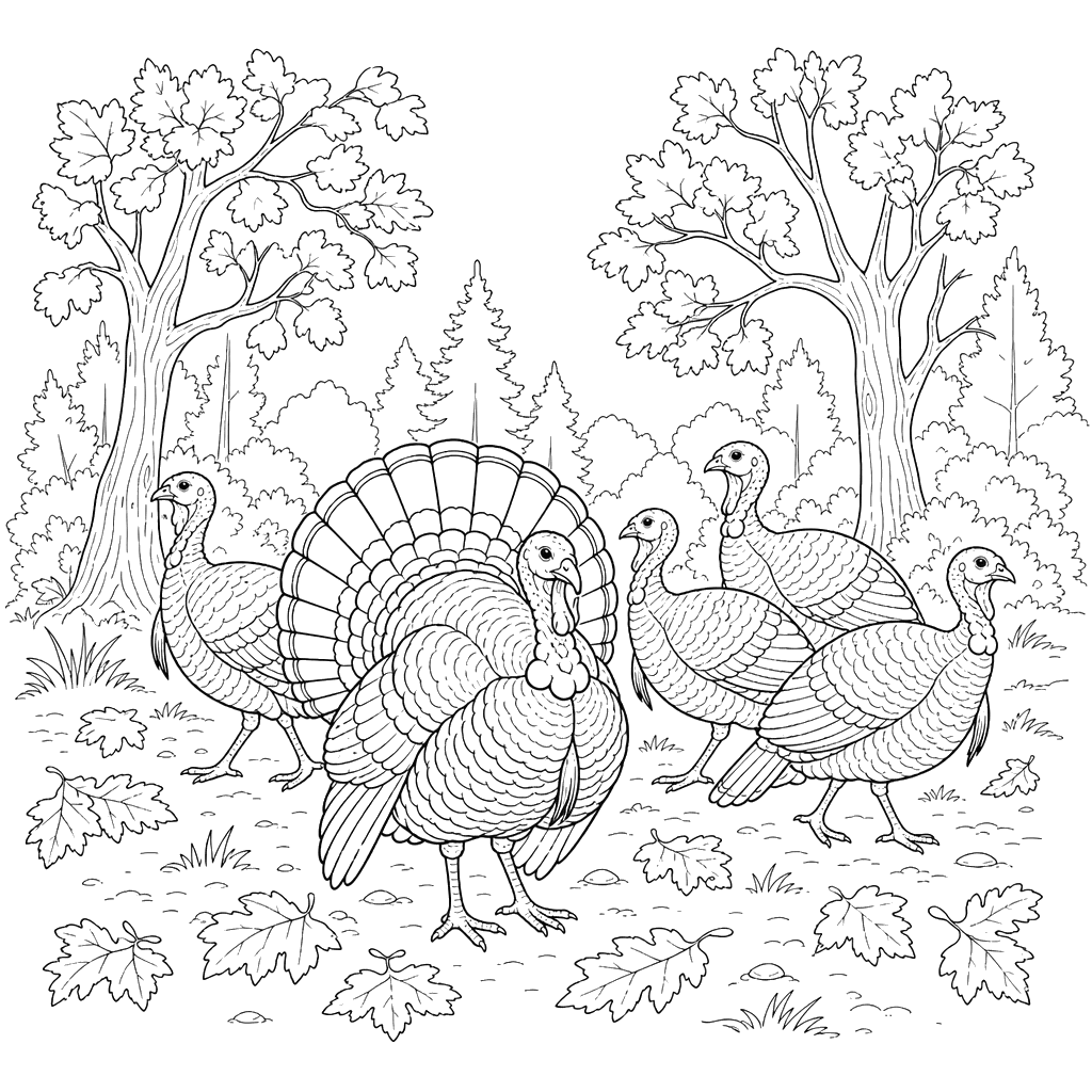 Wild Turkeys in Autumn Forest Coloring Page