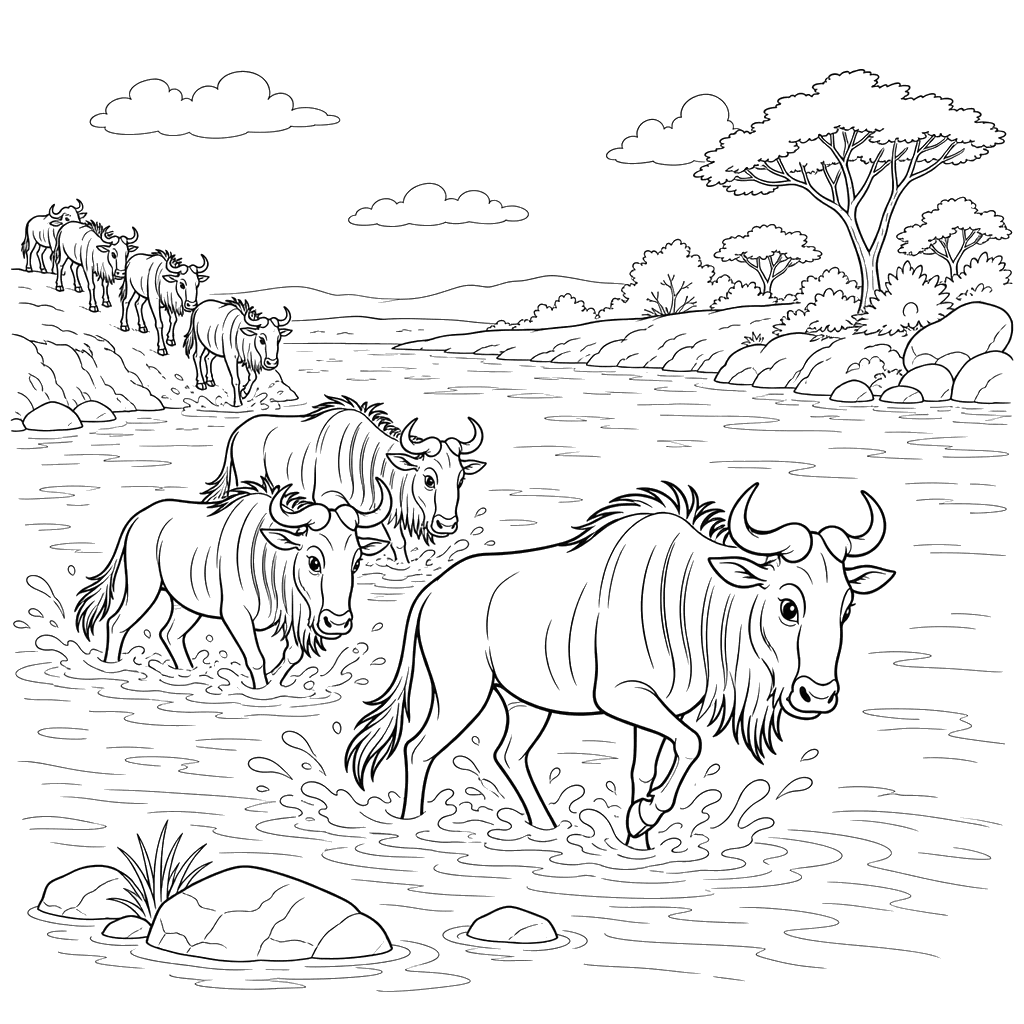 Wildebeests Crossing River Coloring Page