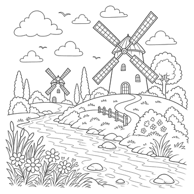 Windmills on a Hill by the River