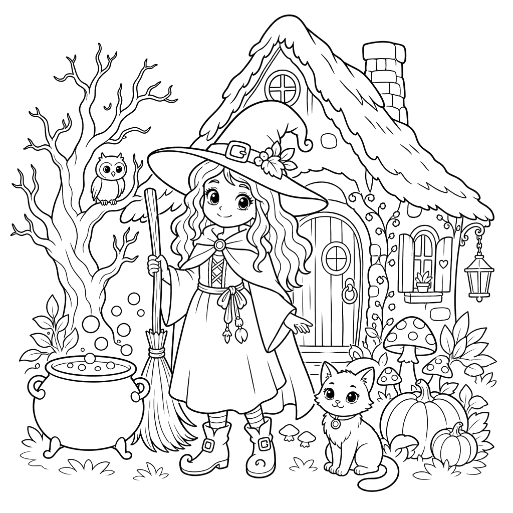 Witch at Old Cottage Coloring Page