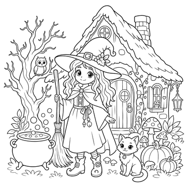 Witch at Old Cottage Coloring Page