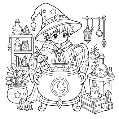 Friendly Wizard with a Cauldron Coloring Page