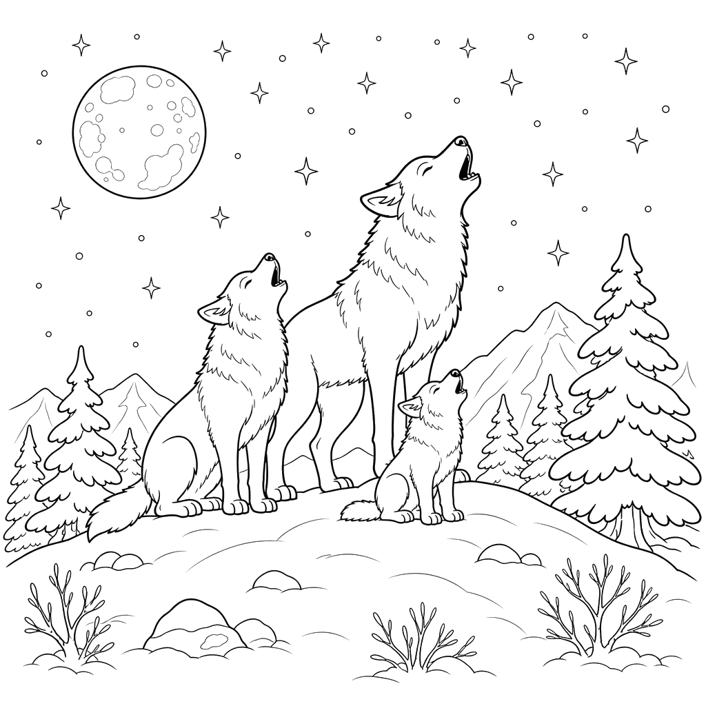 Wolf Family Howling on a Snowy Hill