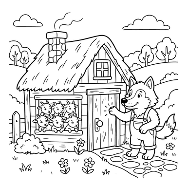 Wolf Knocking on Goats' House Coloring Page