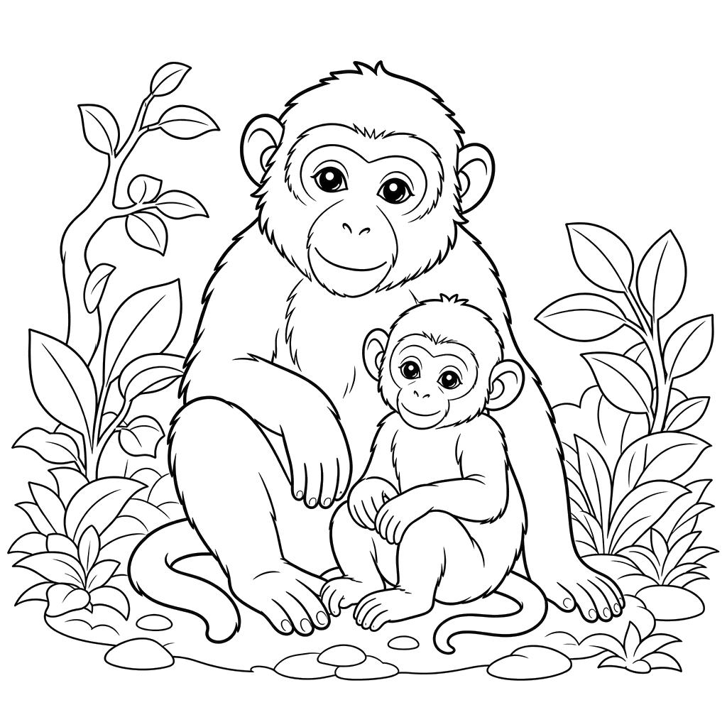 Young macaque with mother coloring page