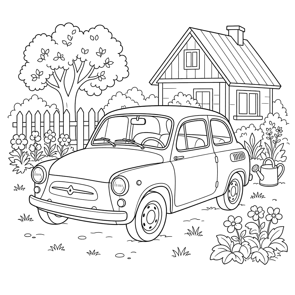 Zaporozhets Car Near a Dacha — Coloring Page