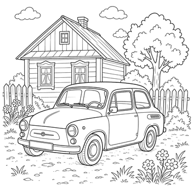 Zaporozhets Car Near a Village House — Coloring Page