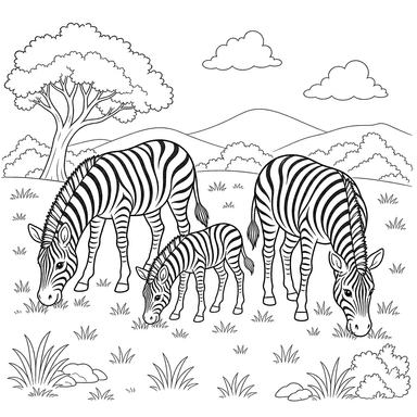 Zebra Family in the Meadow