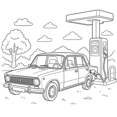 Zhiguli Car at a Gas Station Coloring Page