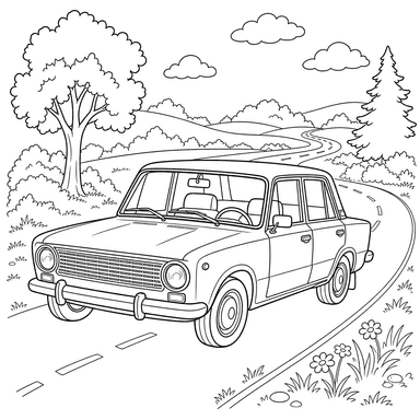 Zhiguli Car on a Country Road Coloring Page