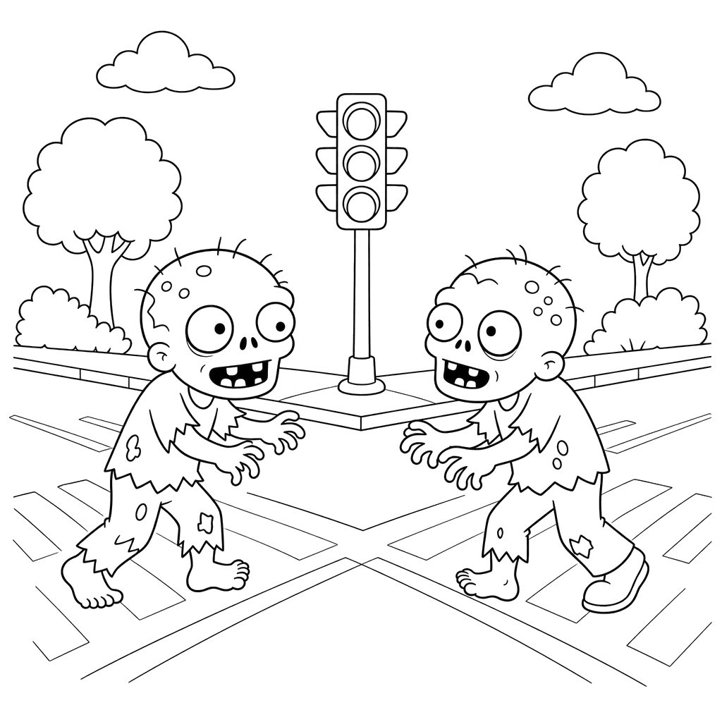 Friendly Zombies at Crossroads Coloring Page